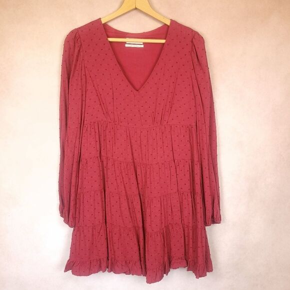Urban Outfitters Textured Long Sleeve Frock Dress Red Size Small - Picture 3 of 10